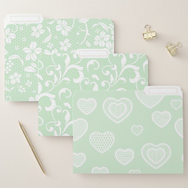 PASTEL GREEN FLORAL LACE LOOK PATTERNS  FILE FOLDER (Set)
