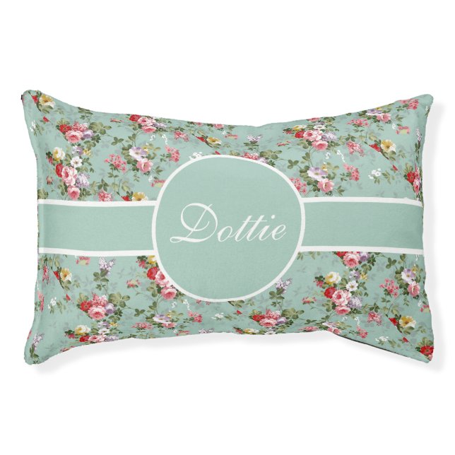Pastel Green Floral Personalize Pet Bed (Front)