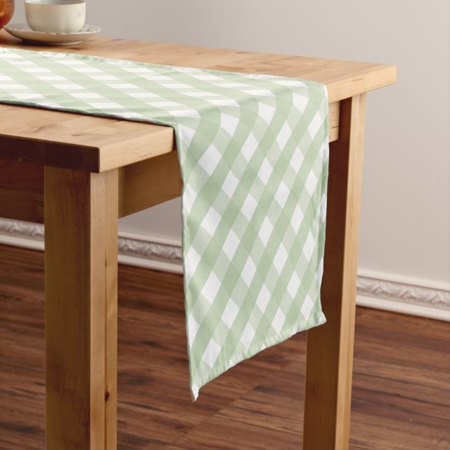 Pastel Green Gingham Check Pattern Short Table Runner (In Situ)