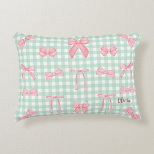 Pastel Green Gingham Pink Bow Accent Pillow