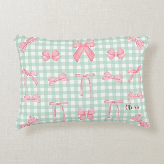 Pastel Green Gingham Pink Bow   Accent Pillow (Front)