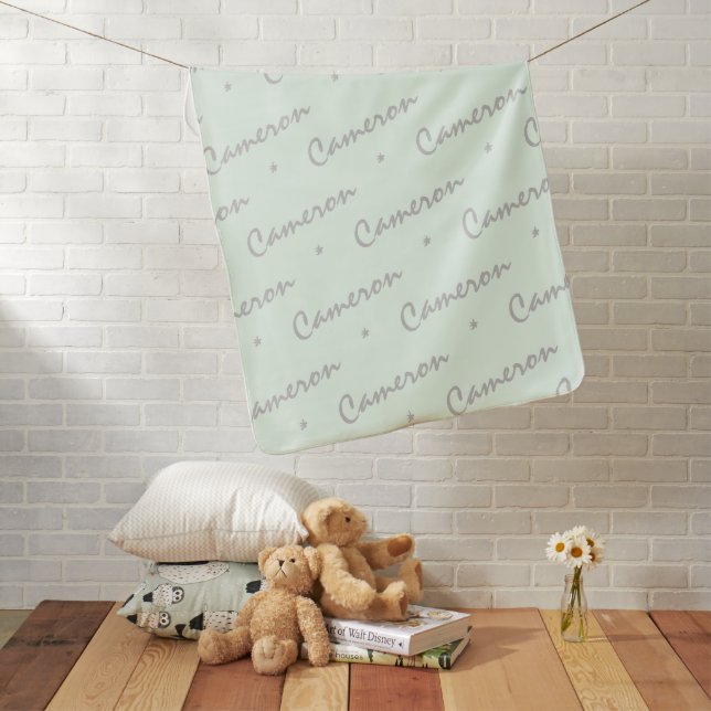 Pastel Green Grey Names Repeating Baby Blanket (In Situ)