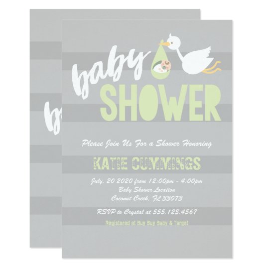 Pastel Green Grey Stork Baby Shower Invitation Zazzle Com