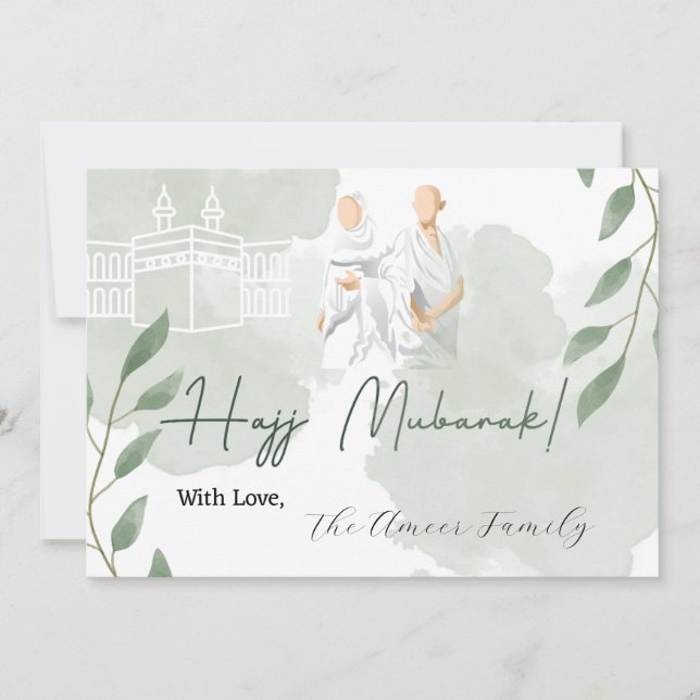 Pastel green leaves with Hajj Mubarak message Note Card (Front)
