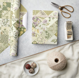Pastel Green Lilac Quilt Earthy Gingham Patchwork Wrapping Paper