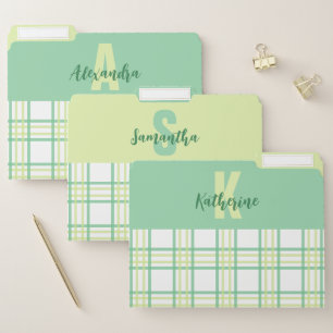 Pastel Green Lime Plaid Monogram  File Folder