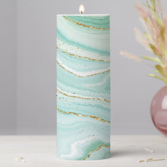 Pastel green liquid marble gold accent pillar candle (In Situ)