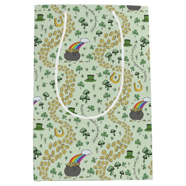 Pastel Green Luck & Joy St Patricks Day Whimsical Medium Gift Bag (Front)