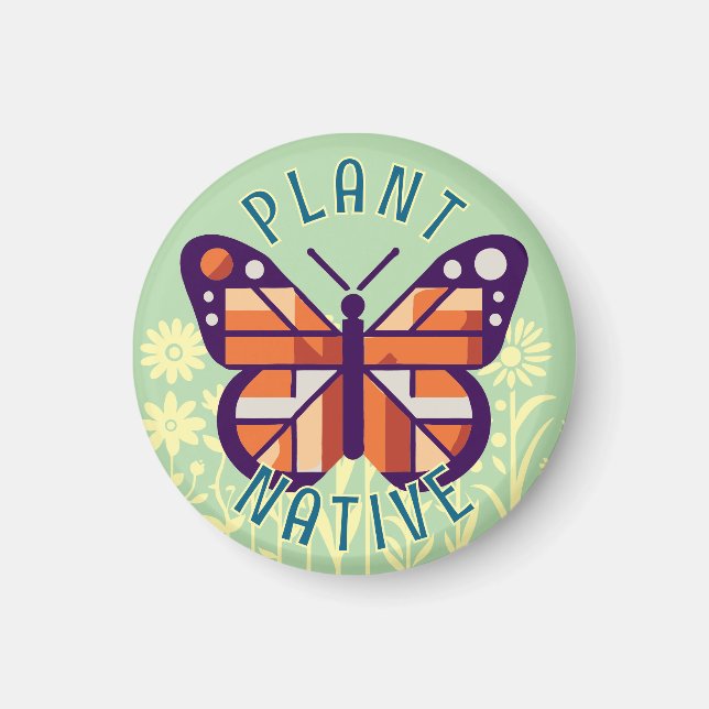 Pastel Green Monarch Butterfly Plant Native Cubist Magnet (Front)