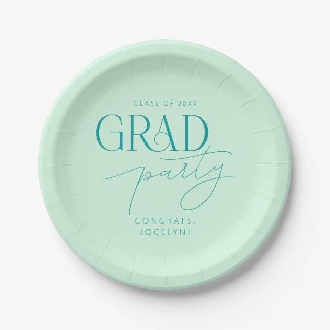Pastel Green Personalized Minimalist Grad Party Paper Plates (Front)