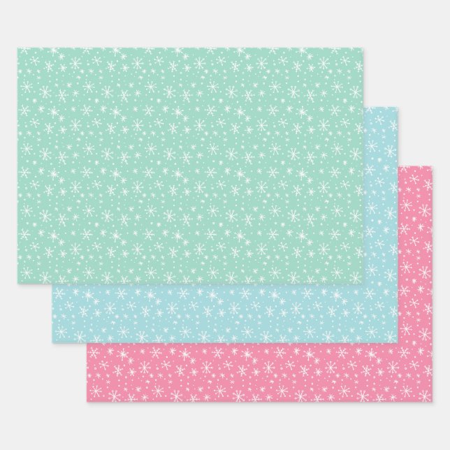 Pastel Green, Pink, and Blue Snowflake Holiday Wrapping Paper Sheets (Set)