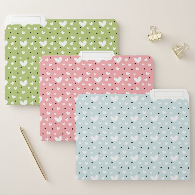 PASTEL GREEN PINK BLUE WITH WHITE HEARTS FILE FOLDER (Set)