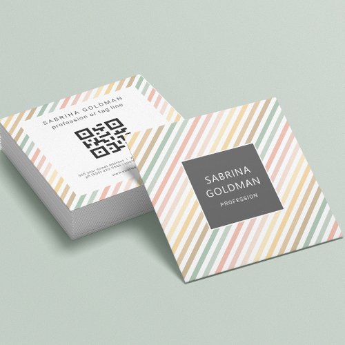 Pastel Green Pink Coral Yellow Stripes QR CODE  Square Business Card
