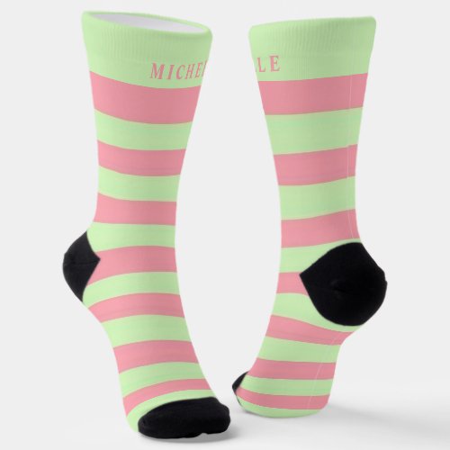 Pastel Green Pink Striped For Custom Name  Socks