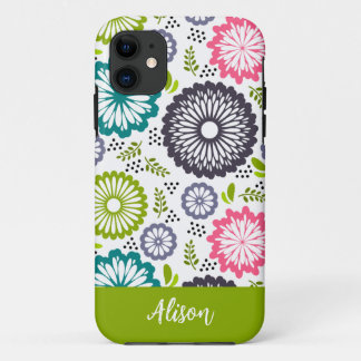 Pastel green pink teal flowers Vintage Floral Name iPhone 11 Case