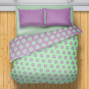 Pastel Green Purple Reversable Pattern Floral Duvet Cover