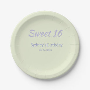 Pastel green purple sweet 16th birthday name bold paper plates