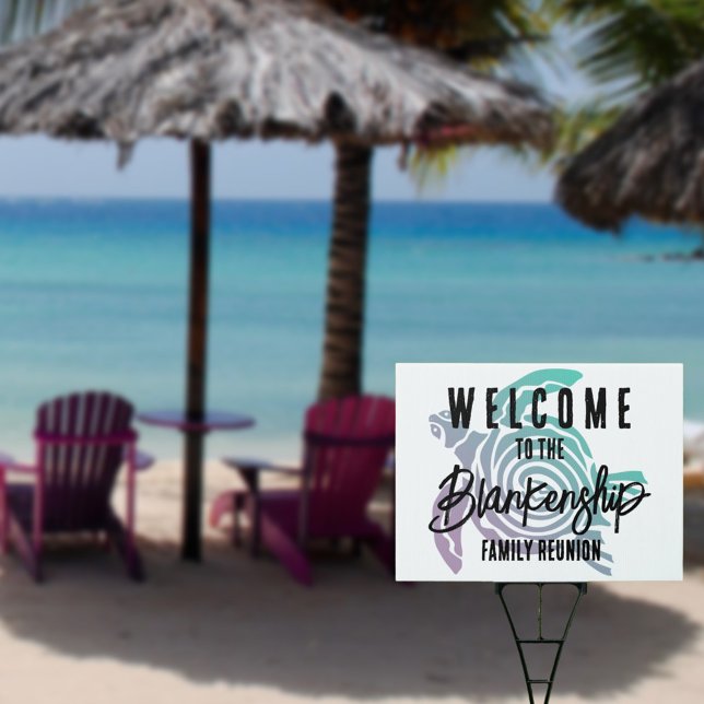 Pastel Green Purple Tribal Turtle Family Reunion  Sign (Welcome guests to your family reunion with this custom text tribal turtle sign.)