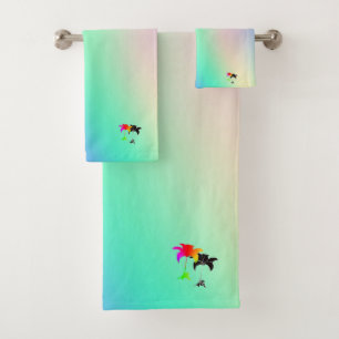 Pastel Green Rainbow Black Floral Gift Bath Towel Set