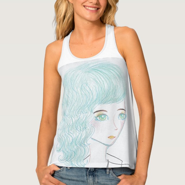 Pastel green ribbon hair faux canvas print tank top (Front)