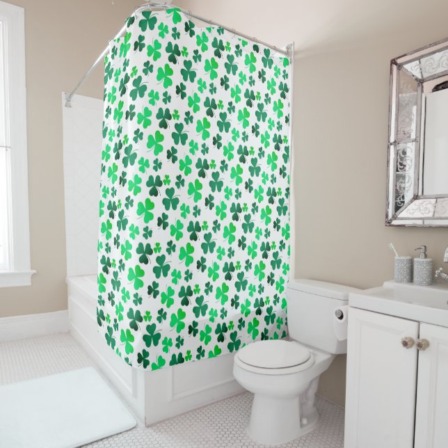 Pastel Green Shamrock Clover Leaf on White Elegant Shower Curtain (In Situ)