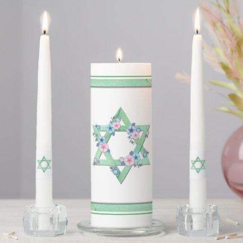 Pastel Green Star of David Pink and Blue Flowers Unity Candle Set