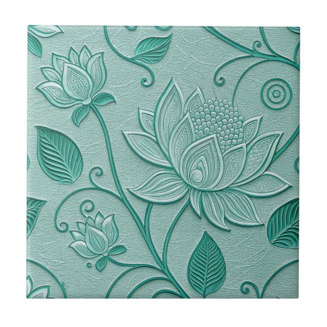 Pastel Green Tones Lotus Embossed Look Ceramic Tile (Front)