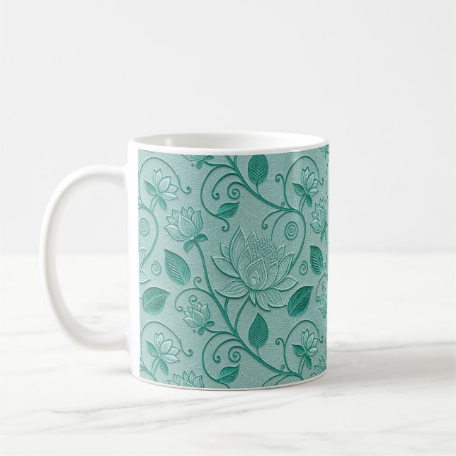 Pastel Green Tones Lotus Embossed Look Coffee Mug (Left)