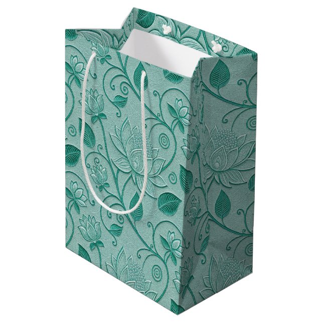 Pastel Green Tones Lotus Embossed Look Medium Gift Bag (Back Angled)