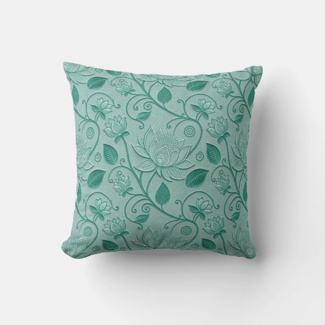 Pastel Green Tones Lotus Embossed look Throw Pillow (Front)