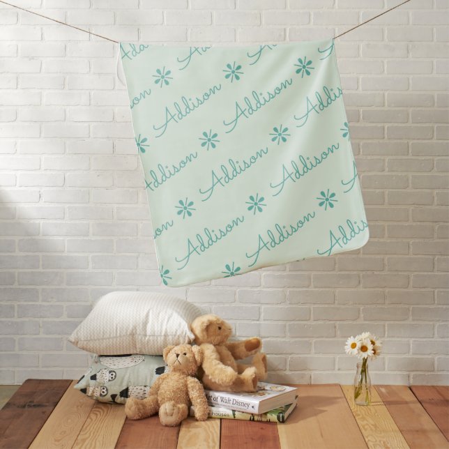 Pastel Green Turquoise Feminine Custom Name Baby Blanket (In Situ)