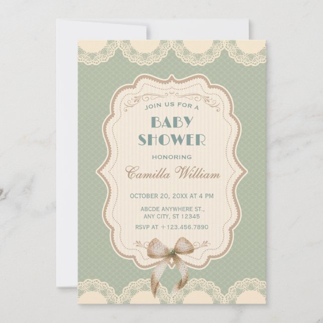 Pastel green vintage classic bow baby shower invitation (Front)