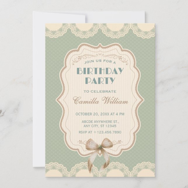 Pastel green vintage classic bow birthday invitation (Front)