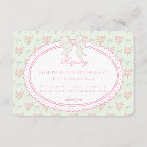 Pastel Green Vintage Fancy Floral Baby Registry Enclosure Card