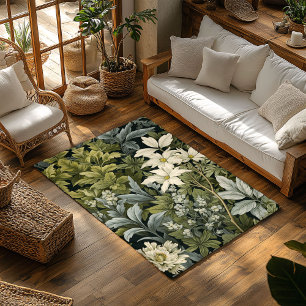 Pastel green white flowers William Morris inspired Rug