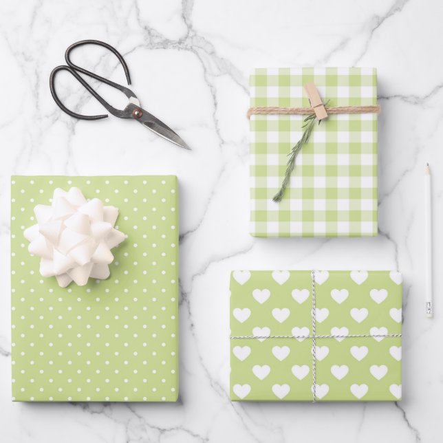 PASTEL GREEN & WHITE HEARTS POLKA DOTS CHECKS WRAPPING PAPER SHEETS (Front)