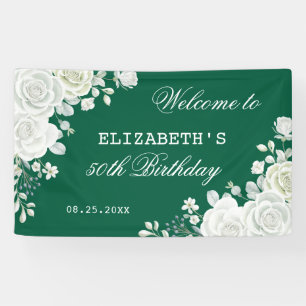 Pastel Green White Rose Floral Welcome Birthday Banner