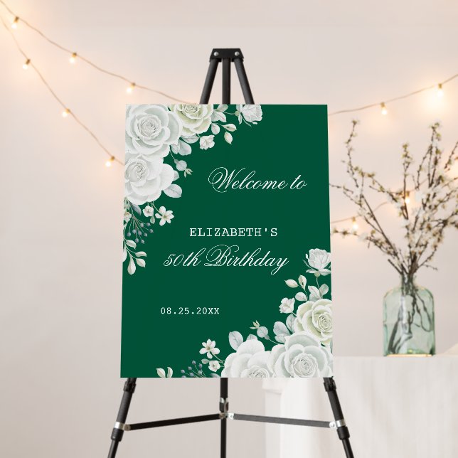 Pastel Green White Rose Floral Welcome Birthday Foam Board (In Situ (Stand))