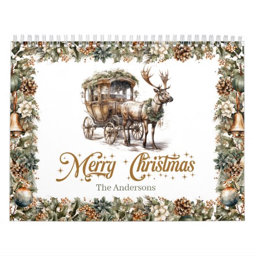 Pastel green wreath and gold Reindeer and sleigh Calendar