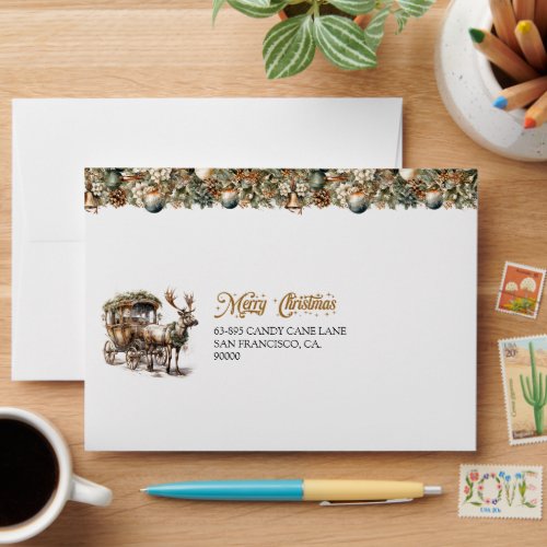 Pastel green wreath and gold Reindeer and sleigh Envelope