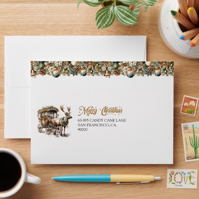 Pastel green wreath and gold Reindeer and sleigh Envelope (Desk)