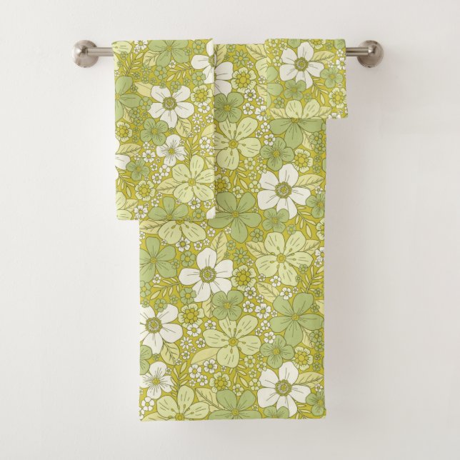 Pastel Green & Yellow Flower Pattern Bath Towel Set (Insitu)