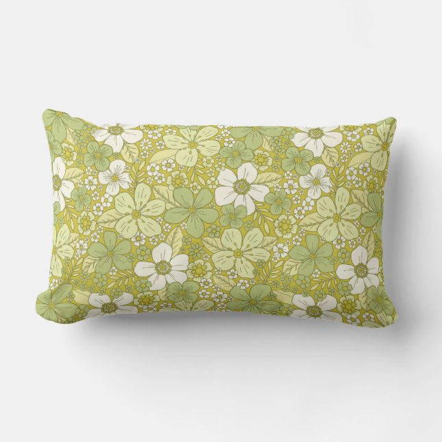 Pastel Green & Yellow Flower Pattern Lumbar Pillow (Front)