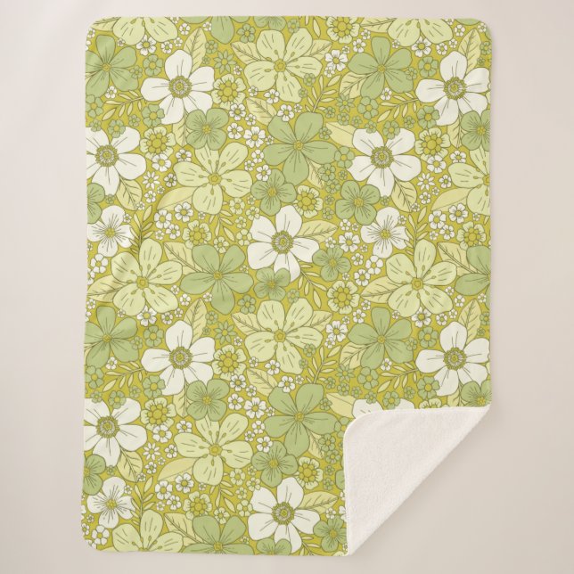 Pastel Green & Yellow Flower Pattern Sherpa Blanket (Front)