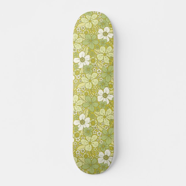 Pastel Green & Yellow Flower Pattern Skateboard (Front)