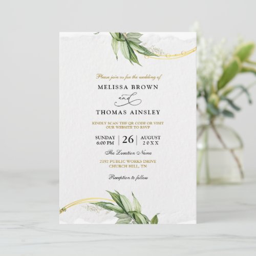 Pastel Greenery Leaves Budget QR Code Wedding Invitation