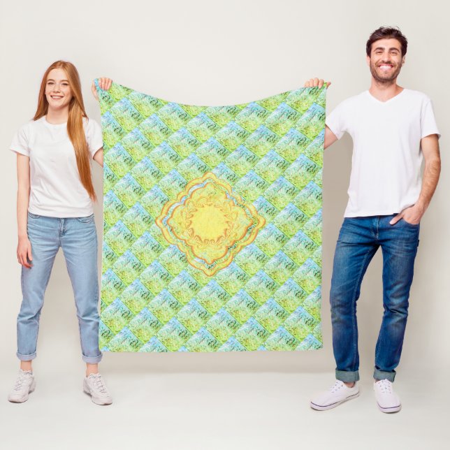 Pastel Greens and Golden Medallions Abstract Art Fleece Blanket (In Situ)