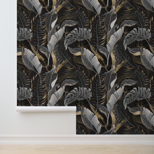 Pastel Grey  Gold Tropical Palm Leaves Black Wallpaper