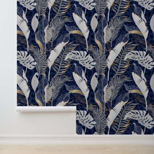 Pastel Grey  Gold Tropical Palm Leaves Dark Blue Wallpaper
