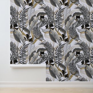 Pastel Grey Gold Tropical Palm Leaves Titan White